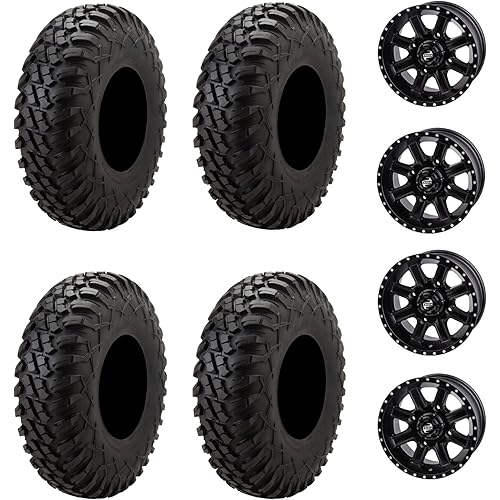 Tusk Racing Four 28x10-14 Tusk TERRABITE 8-Ply Radial UTV Tires mounted on Tusk CASCADE Wheels - For POLARIS applications - 4/156 bolt pattern - Includes Lug Nuts (4+3 Wheel Offset, Matte Black)
