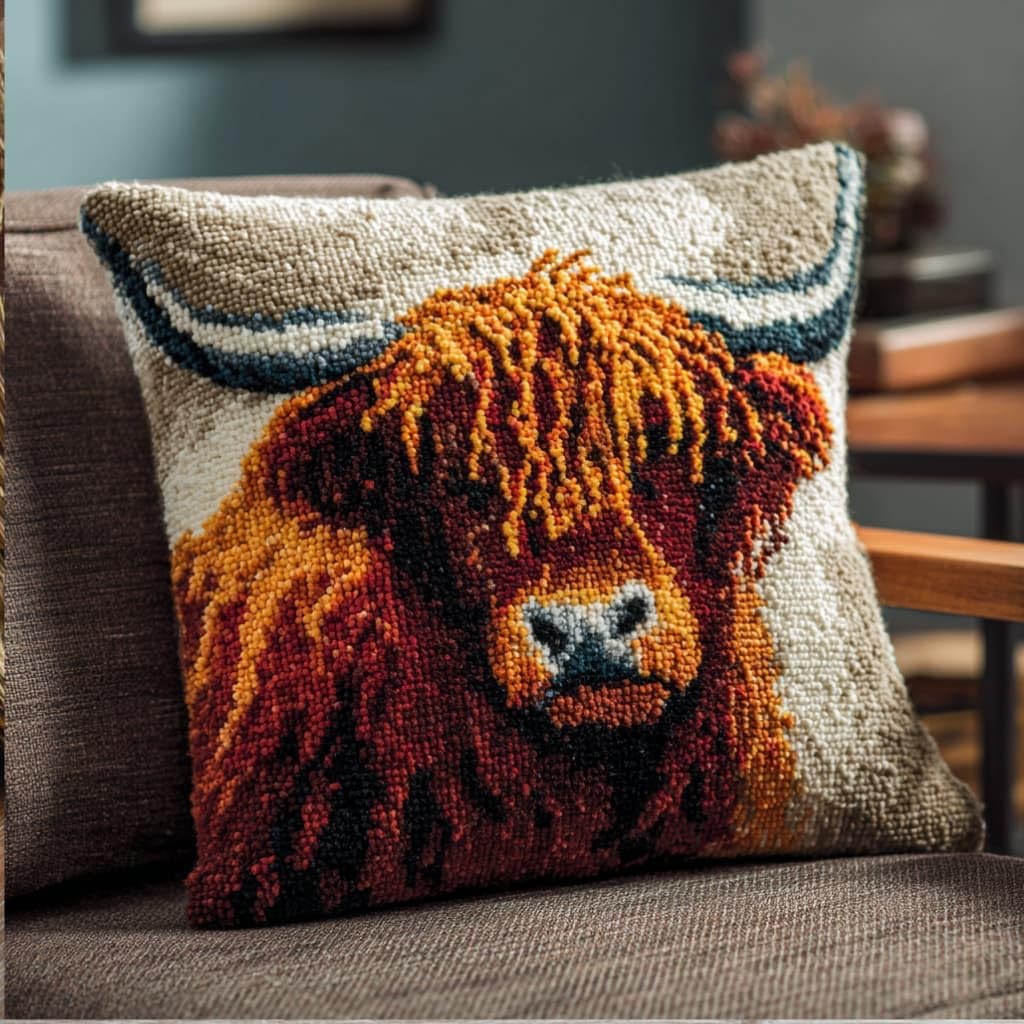 Taxpy Latch Hook Cushion Kits Highland Cattle Pillowcase Kits Embroidery Kit 17X17 Inch DIY Needlework Pillow Cover Sofa Cushion Rug Making