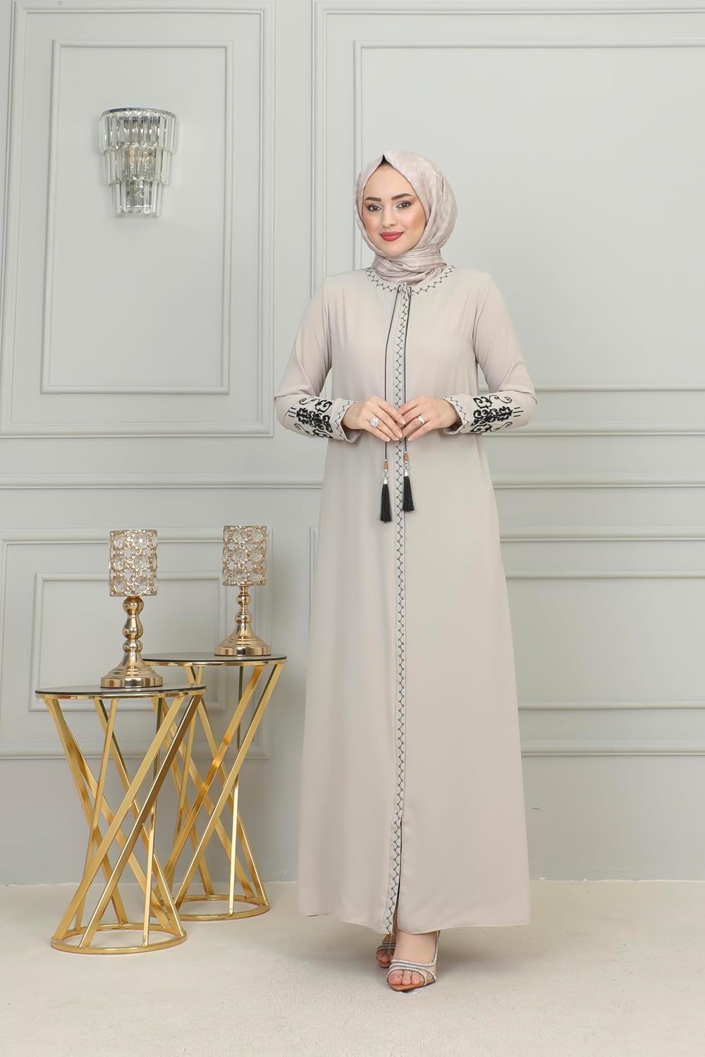 Women's Embroidered Sleeves Abaya and Embroidered On The Side of The Zipper Long Sleeve Floor Length Turkish Fashion - Image 7