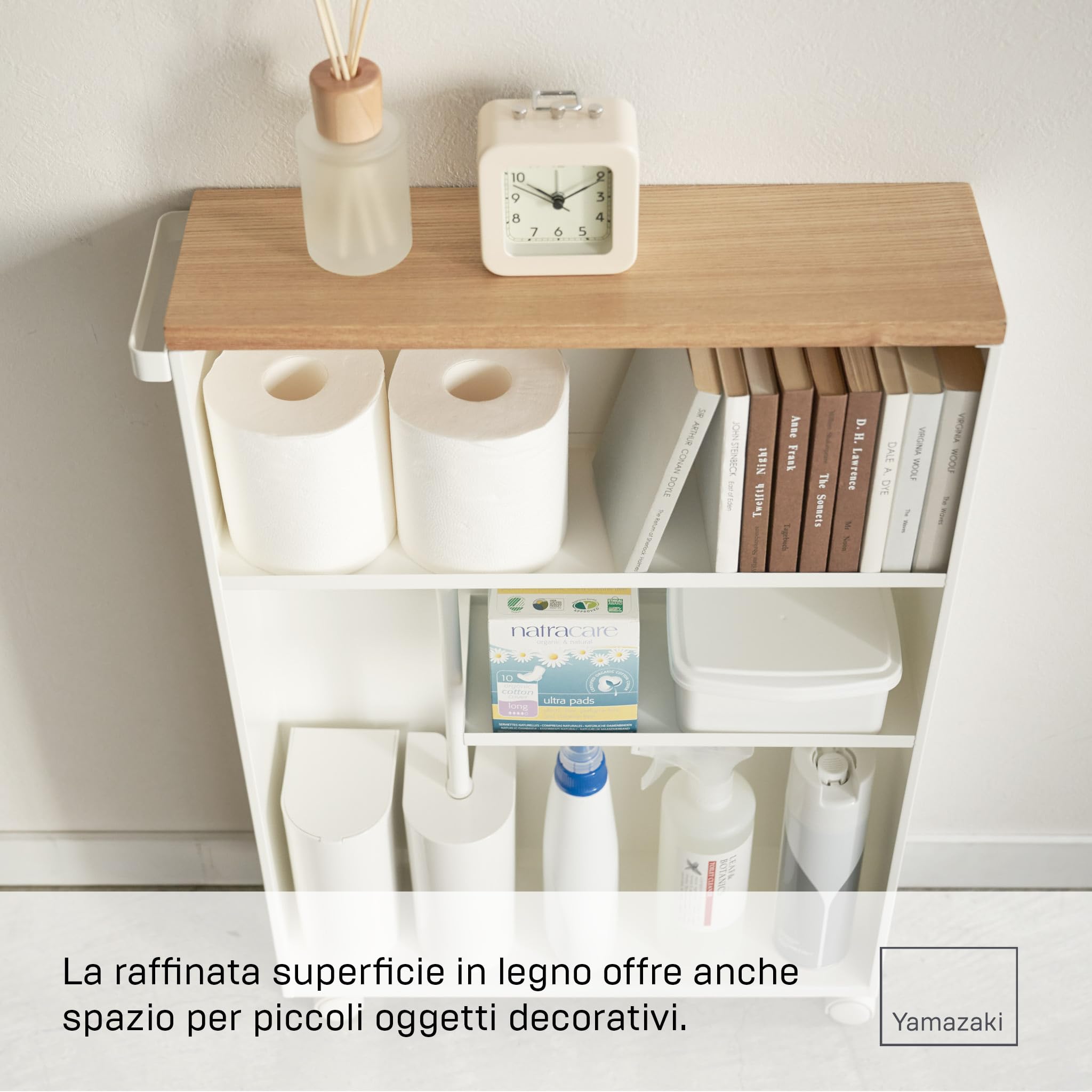 YAMAZAKI 4306 TOWER SemiClosed Storage Cart, white, Steel/Wood, 13 x 47.5 x 68 cm