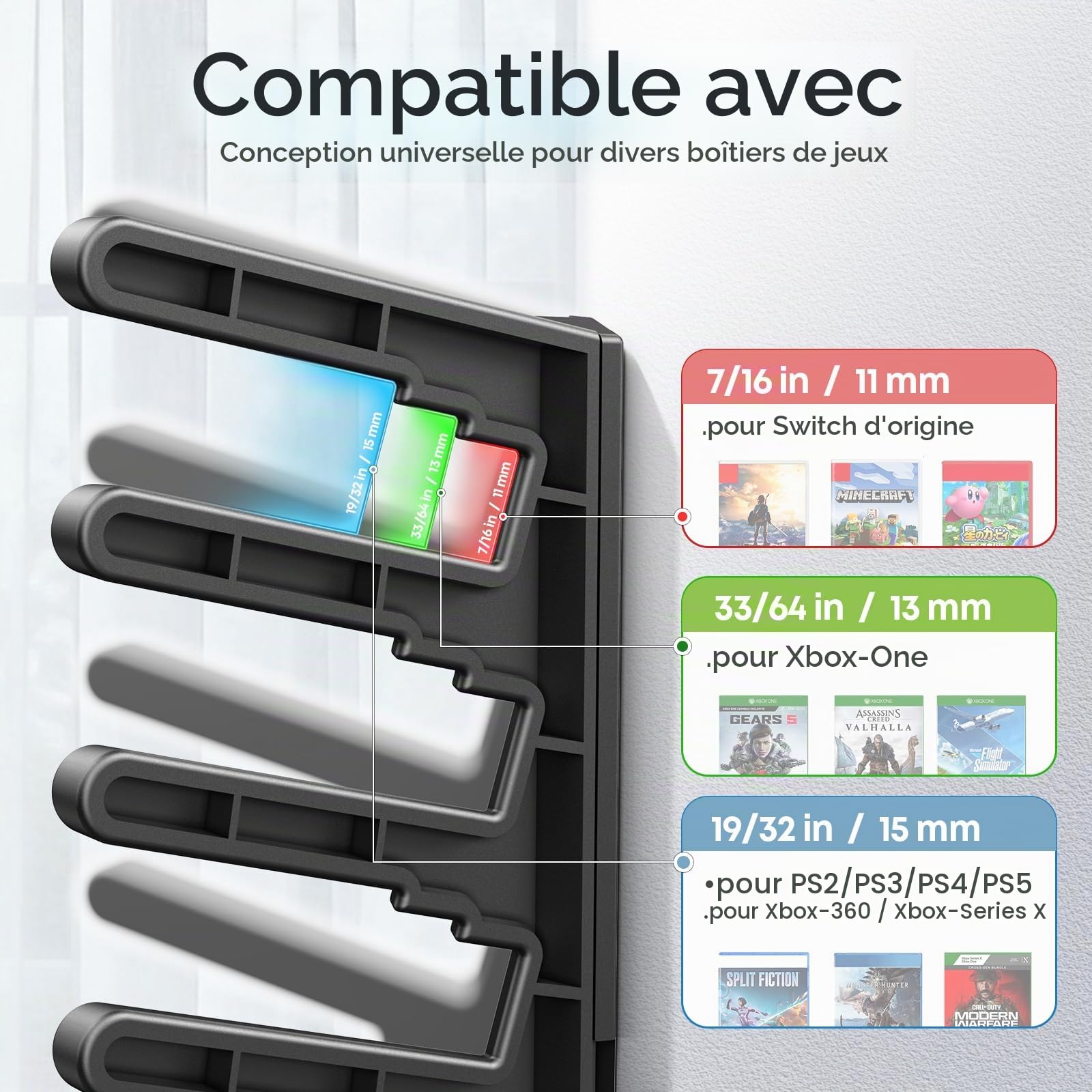 Support Mural de Rangement pour Boîtes de Jeux Vidéo, Rack à Jeux Universel pour Switch, Xbox 360/ Series X, Playstation 2/ 3/ 4/ 5, 3 Fentes Différentes pour Rangement Organisé et Stabilité Maximale