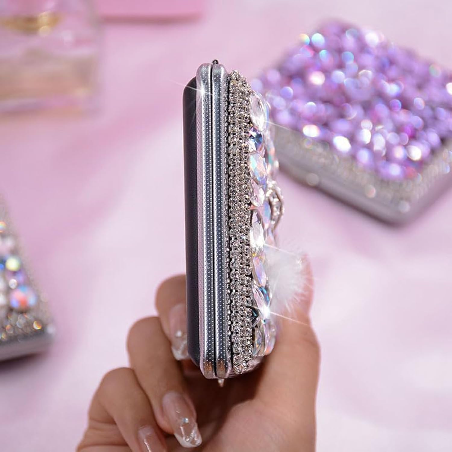 Bling Cigarette Case Box, Double Sided Clip Open Pocket Portable for Women, for Regular Size 70s, King Size 84s(#b)