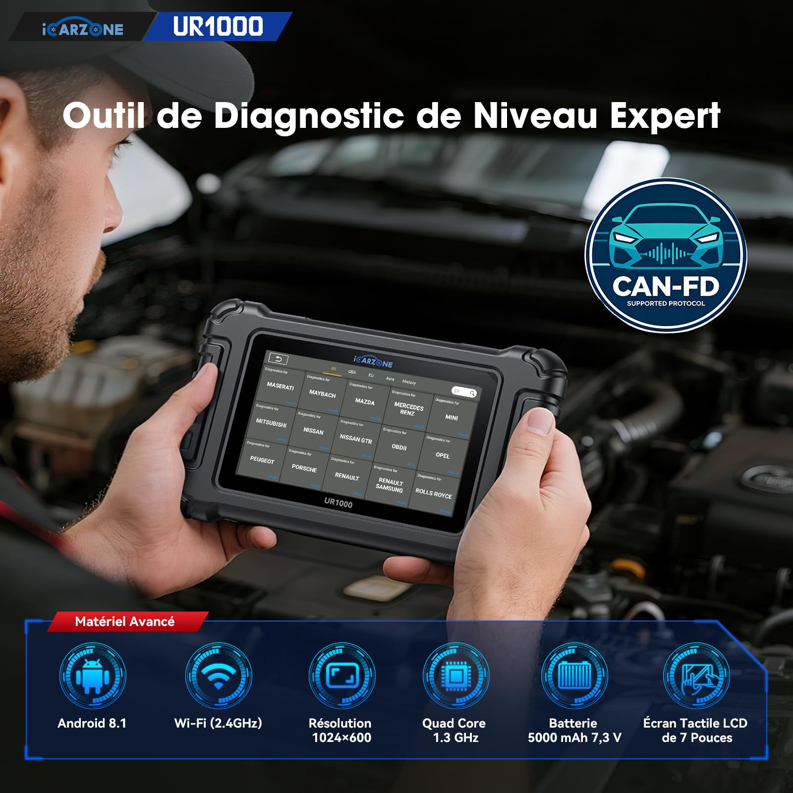 UR1000 Valise Diagnostic Auto Bluetooth, Diagnostic Voiture Multimarque pour Tous les Systèmes, 50 Services d'Entretien, Test d'Activation, Codage ECU, Programme TPMS, CANFD, Mise à Jour WiFi