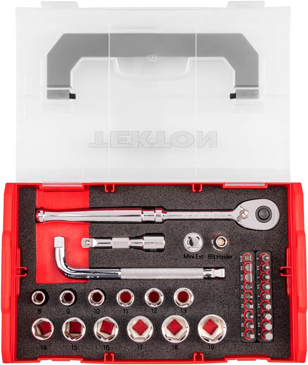TEKTON 3/8 Inch Drive 6-Point Socket, Bit, and Ratchet Set with Mini Stacking Tool Box (35-Piece) | SKT96200