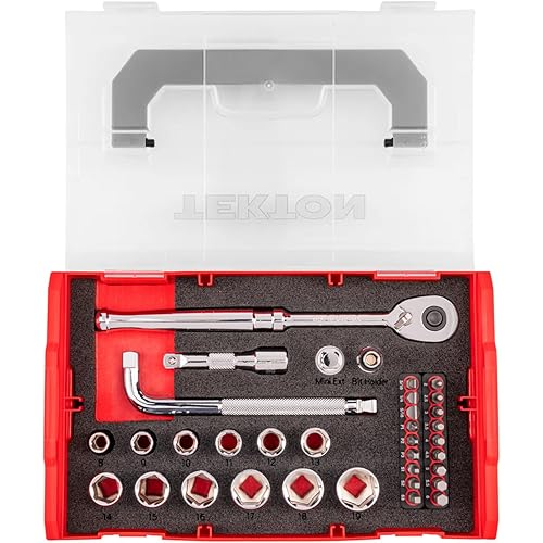 TEKTON 3/8 Inch Drive 6-Point Socket, Bit, and Ratchet Set with Mini Stacking Tool Box (35-Piece) | SKT96200