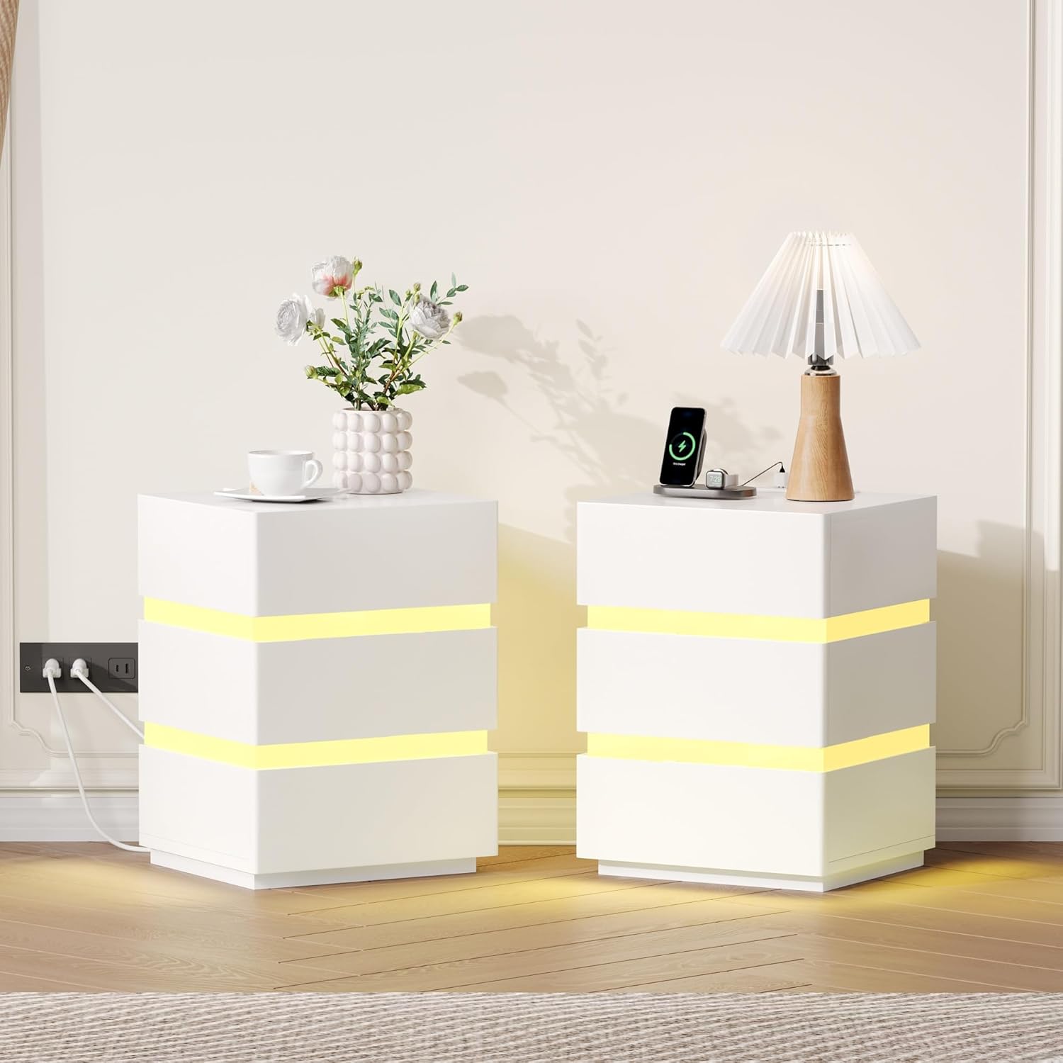 Nightstand with Charging Station and LED Lights, Night Stand with 3 Drawers, Modern End Table Side Table with USB Ports and Outlets, White (1)