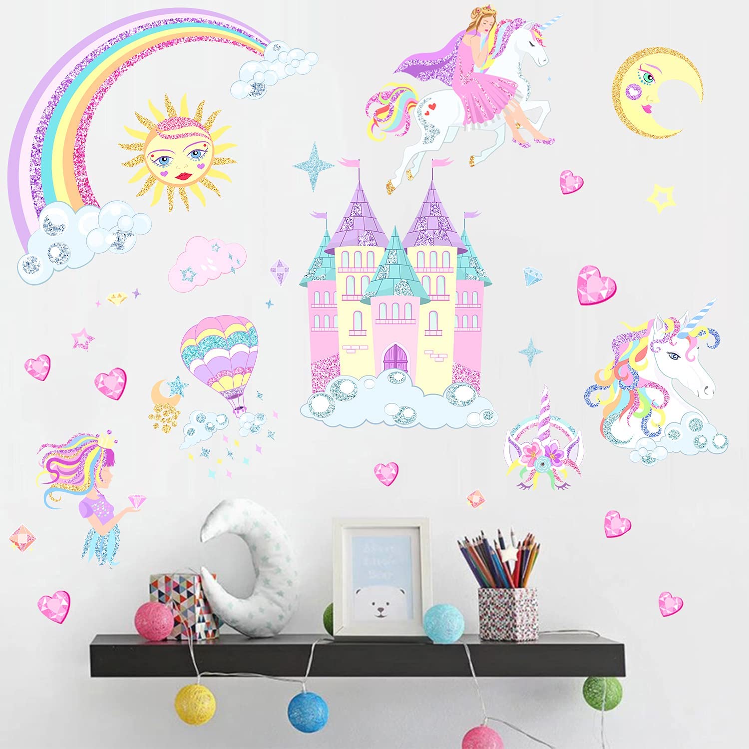 MAKINGTEC Castle Unicorn Wall Decals, Princess Reflective With Heart Rainbow Vinyl Stickers, Kids Room Decor for Girls, Unicorn Gifts