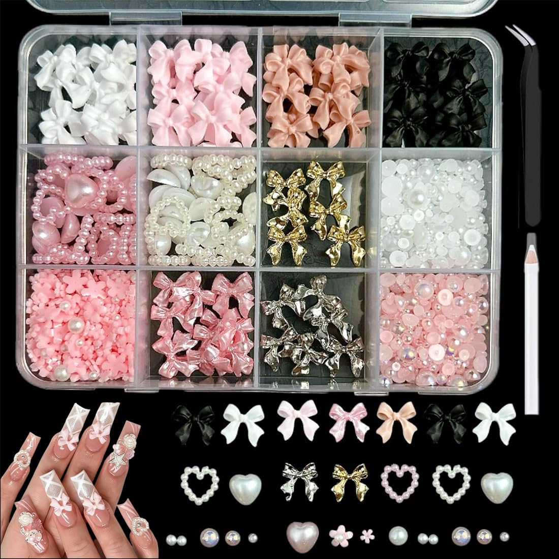 Set Charms Ongles 12 Compartiments, 3D Noeud Papillon en Résine+Perles/Cœur/Fleur, avec Crayon de Cire & Pince à Strass, Bijoux Ongles