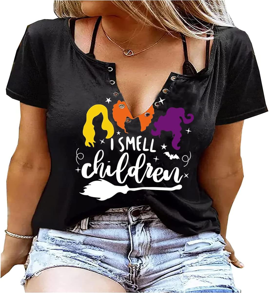 Plus Size Halloween V-Neck T-Shirt Women Sanderson Witch Museum Graphic Tees Hocus Pocus Short Sleeve Shirts Tops - Image 2