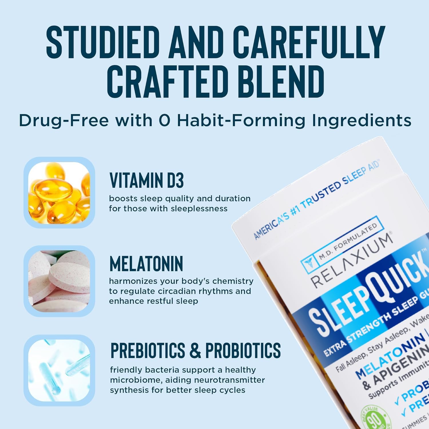 Relaxium SleepQuick Gummies - Sleep Aid + Gut Health & Immune Support, 5mg Melatonin, Vitamin D-3 + Prebiotic & Probiotic Blend, Gluten & Drug Free, Lemon Flavor, 90 Gummies - Image 6