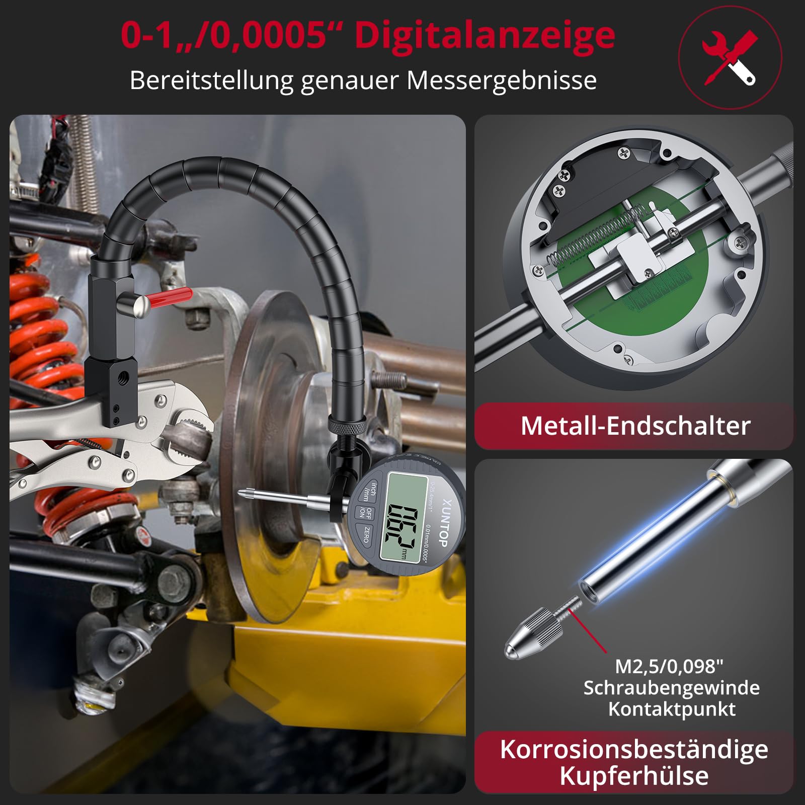 XUNTOP Auto Bremsscheiben Schlagfestigkeitsprüfer Scheibenbremsroto Messgerät 0.01 mm (0.0005 inch) Digitale Messuhr Mit 360°flexibler Stangenhalterung Produkt für die Automobilindustrie