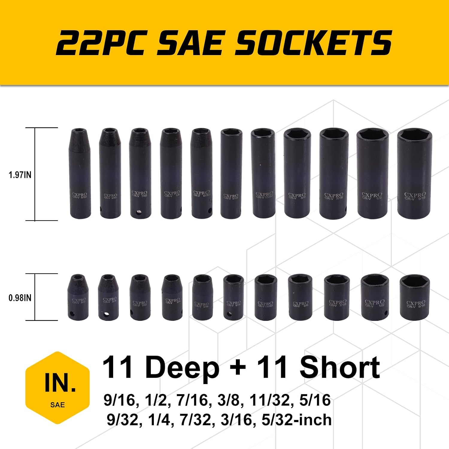 1/4" Cr-V 6 Point Drive Impact Socket Set, 56-Piece Standard SAE (5/32 to 9/16 inch) and Metric (4-15mm) Size, 1/4-Inch Ratchet Handle, Extension Bar, Universal Joint