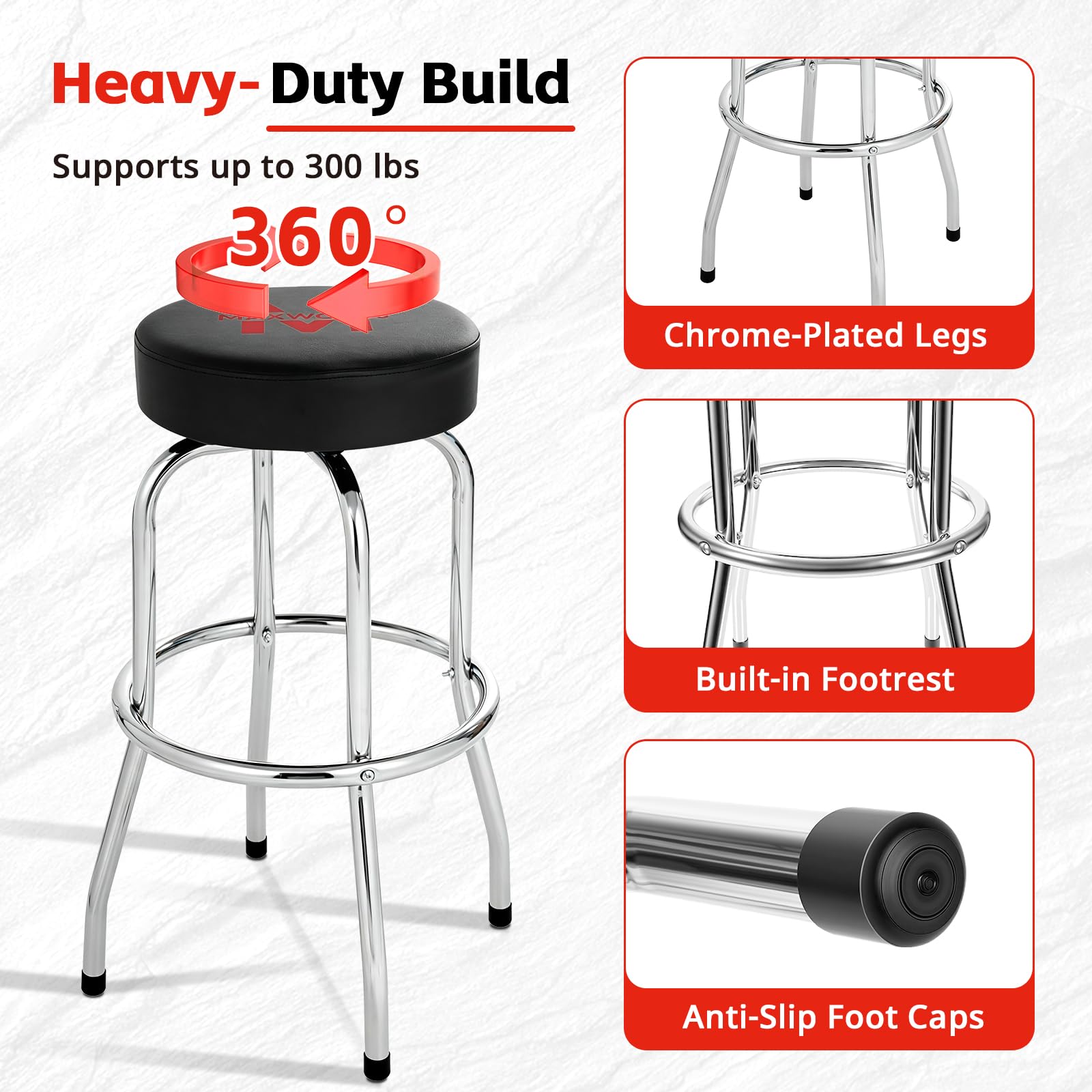 MaxWorks 51090 Taburete de Bar Giratorio, Asiento Acolchado con Patas cromadas, Negro, Capacidad de 300 Libras, 28-1/4 Pulgadas de Alto, Superficie de 14-1/2 Pulgadas de diámetro, Ideal para Garaje