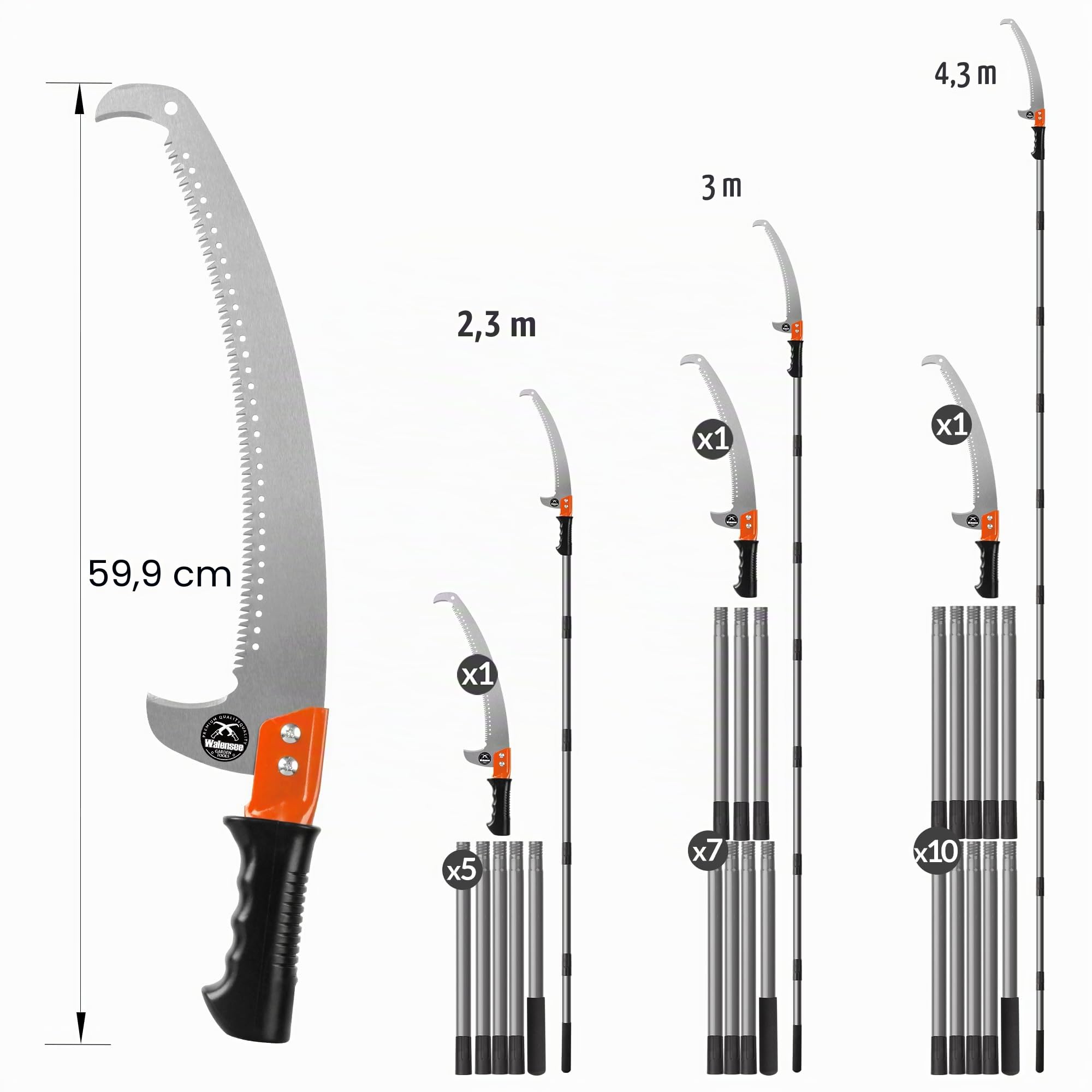 Walensee Scie à perche pour taille d'arbre, 4,2 m, légère et manuelle en acier inoxydable, extension de poteau haut, scie à perche avec lame pour débroussailleuse, branches, sécateur à perche pour