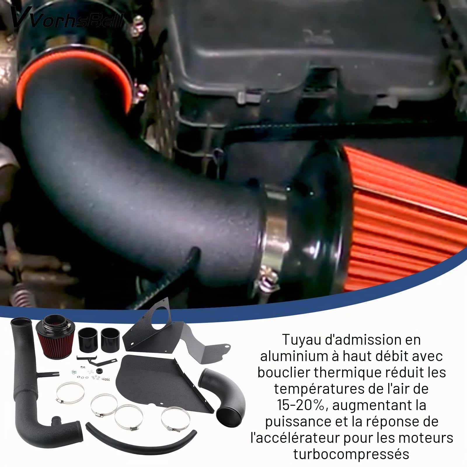 Kit d'admission d'air froid compatible avec VW Golf GTI MK6 2.0 TFSI 2011-2012 EA113 Tuyau en aluminium à haut débit + Bouclier thermique + Filtre rouge
