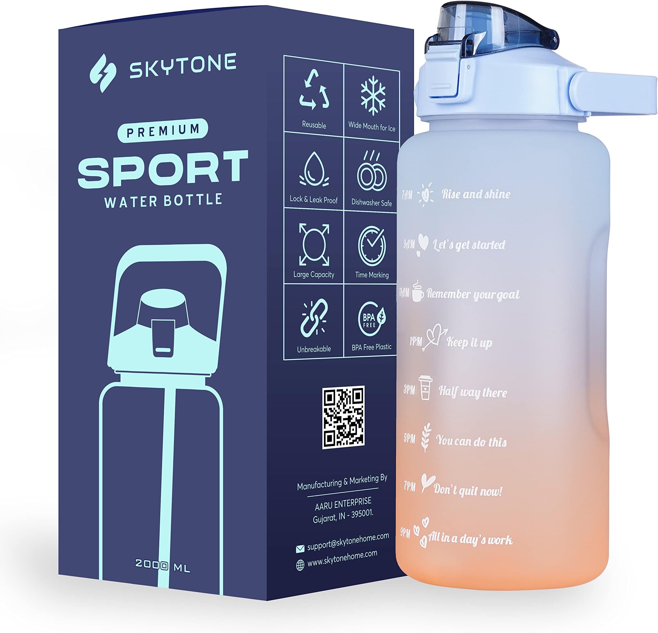 Water Bottle For Office, Gym, Travel, Sports Leakproof 2 Liter Bottle With BPA-Free Plastic Included Silicone Pipe (Purple) (Blue)