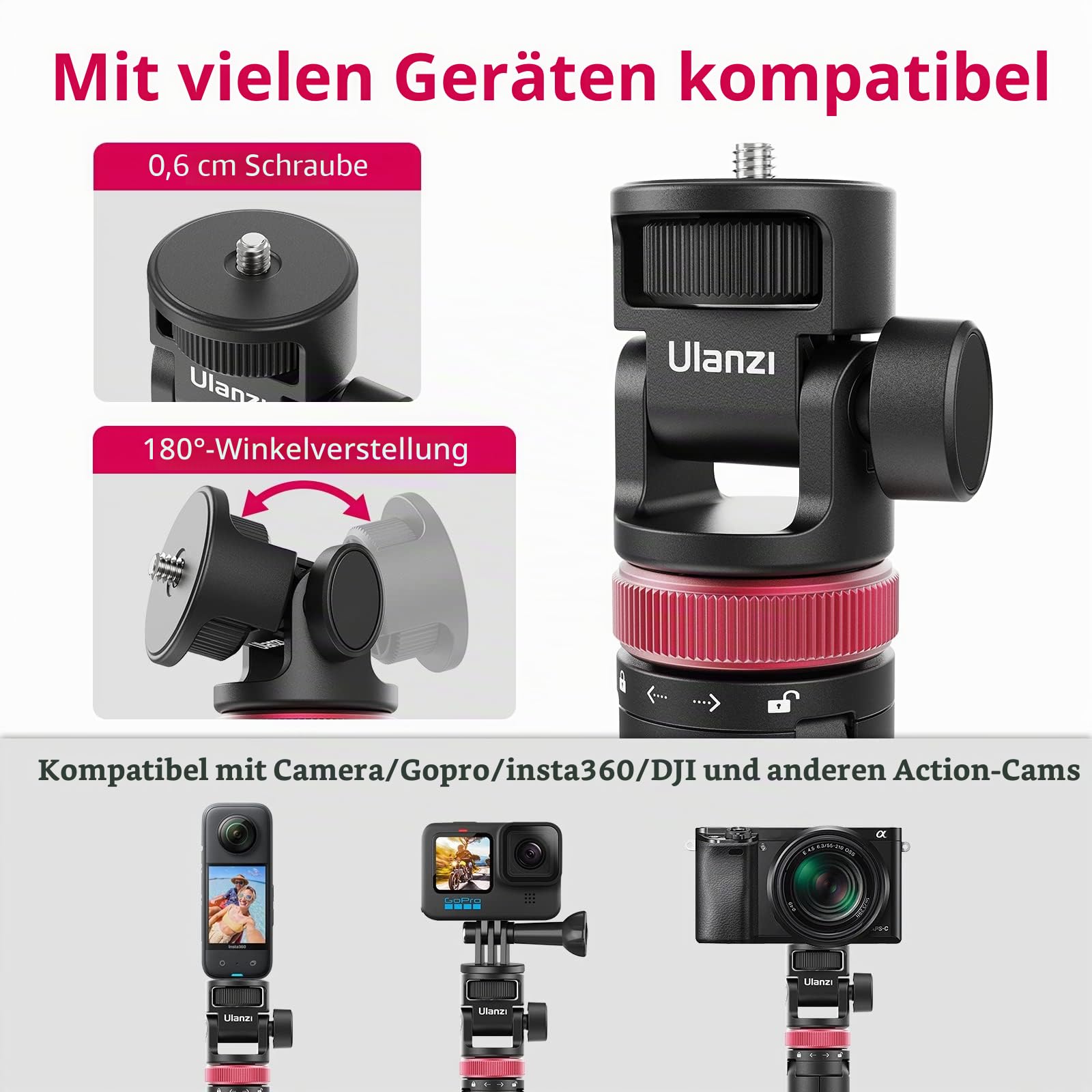 146cm Selfie Stick Stativ Kamera Action Kamera, ULANZI MT-71 Ausziehbar Selfie Stick Stativ Kompatible mit One XR/RS/GO 2 DJI Action