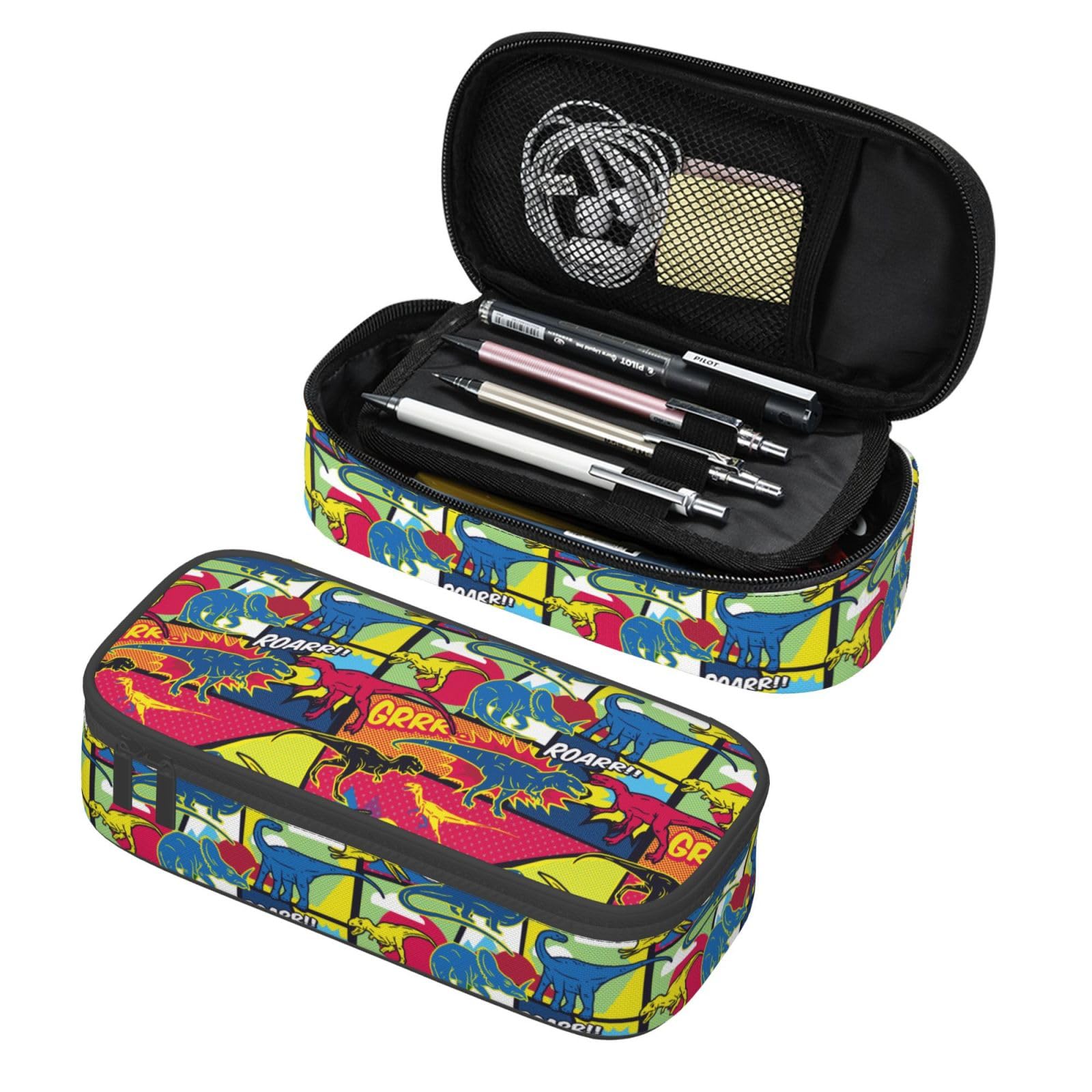 Aoojanu Pencil Case, Cartoon Dinosaur, Large Capacity, 3 Zipper Compartments, Polyester, 60 Pencils, School Supplies Storage