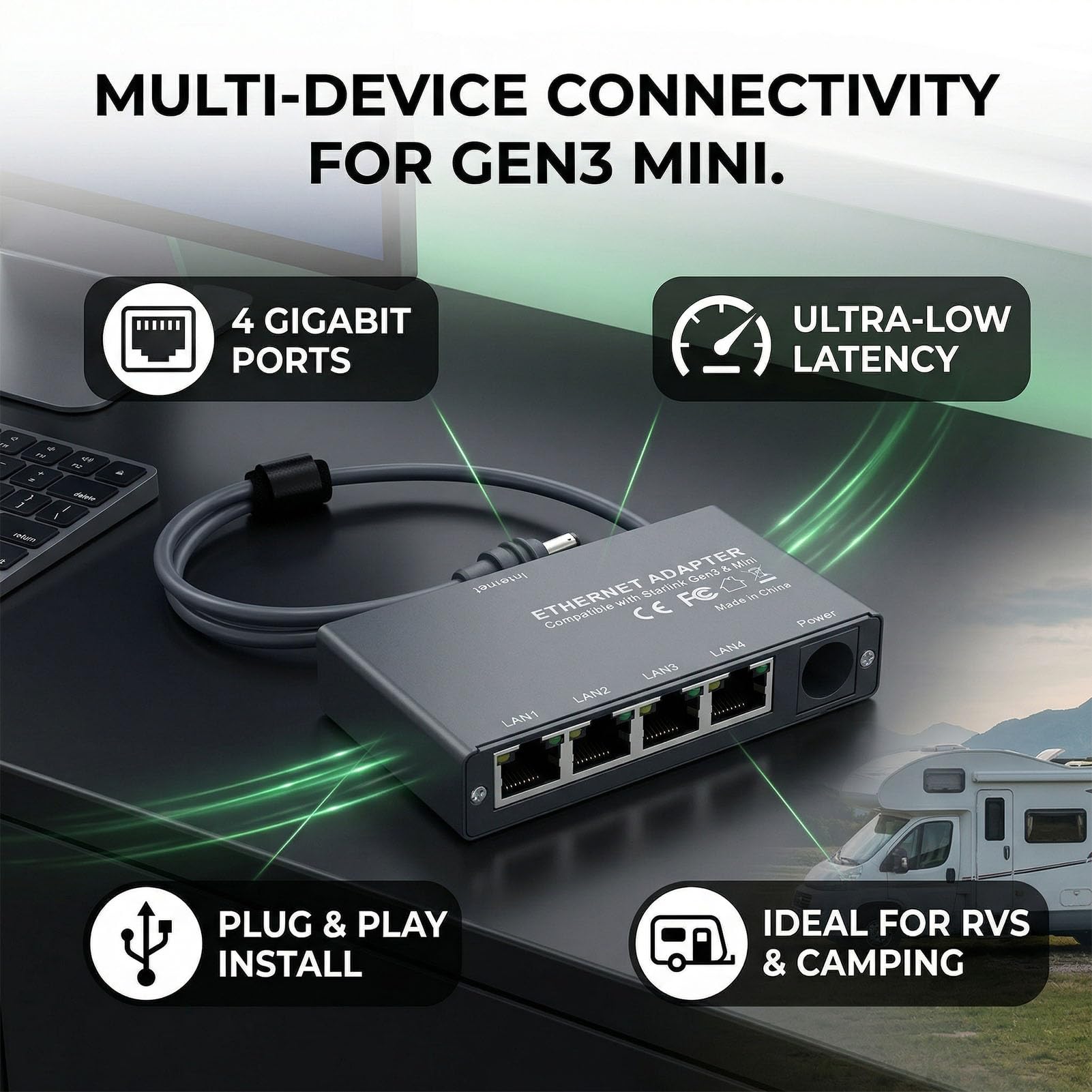 Adapter Ethernet do StarlinkGen3/Mini, Wieloportowy, Szybki, Stabilny Rozdzielacz Sieciowy z Kablem Ethernet, 4 Urządzenia Połączone Jednocześnie w sieć dla Samochodów Kempingowych