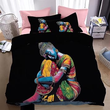 Reversible 3D Buddhist statues and religious culture Duvet Cover Set Microfiber Pop Art Bedding Set California King with Zipper Closure Corner Ties Easy Care Breathable Comforter Cove,104 x 98 in