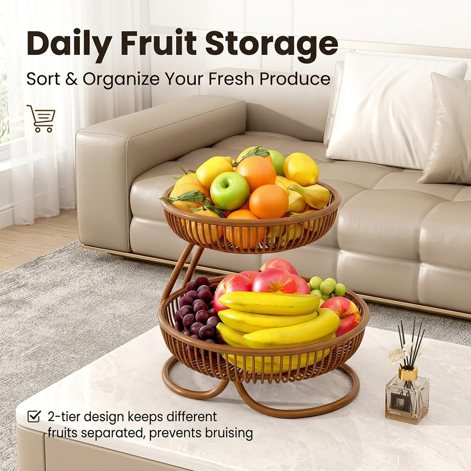 Fruteros de Cocina 2 Pisos Metal Lacado Frutero para Encimera Diseño de Una Sola Pieza Base Estable Cesta Frutas Organizador Verduras(Gold,X-Large)