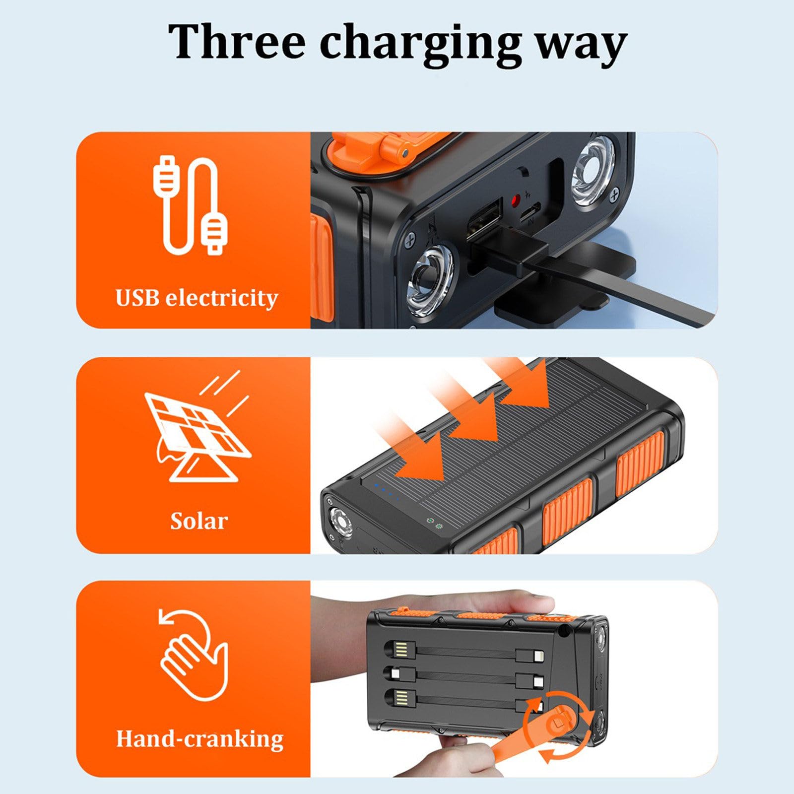 RIDAEX Batterie Externe Solaire alimentée à la Main, 30000Mah, Filaire, pour Camping en Plein air, Pd20W, Charge Rapide, livrée avec Trois câbles de Charge,Blue-10000mAh