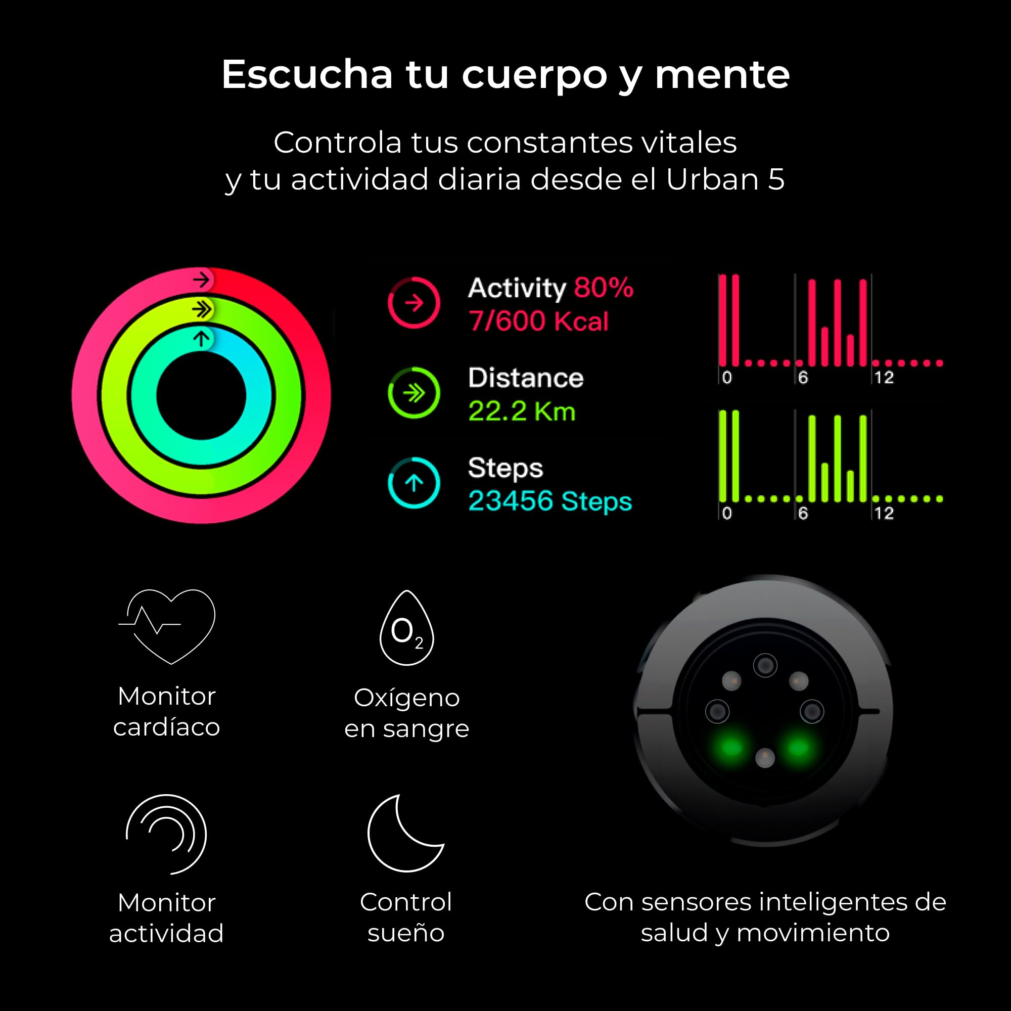 KSIX Smartwatch Urban 5 Czarny - Inteligentny zegarek męski i damski z połączeniami, wiadomościami, asystent głosowy, Smartwatch dla mężczyzn i kobiet, z 5 monitorami zdrowia, zegarek z trybami