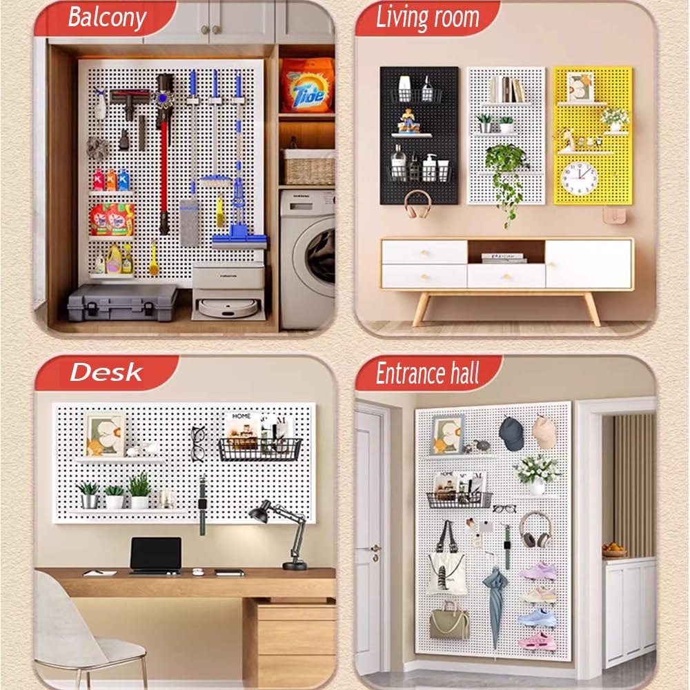Kit organizador de tablero perforado para garaje y cocina, paneles de almacenamiento de metal con ganchos, sistema de tablero de clavijas de montaje en pared (blanco, 100 x 50 x 2,5 cm)