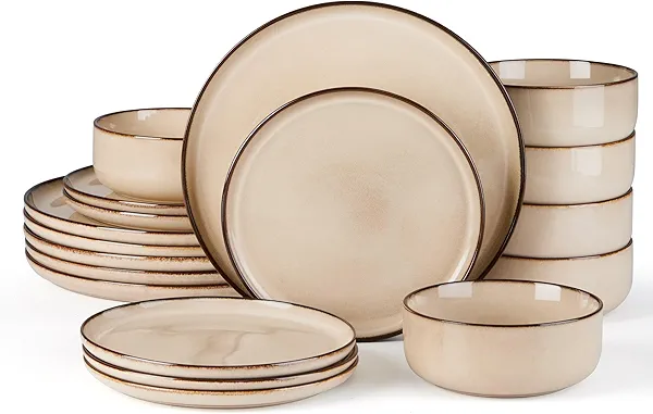 E-far 18-Piece Plates and Bowls Set, Stoneware Dinnerware Sets for 6, Reactive Glaze Ceramic Dinning Ware Dishes, Microwave & Dishwasher Safe - Sandy Beige
