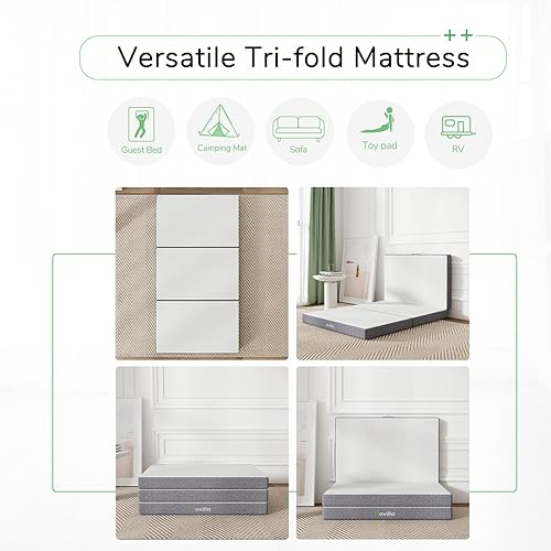 Miniatura 2 de Novilla Colchón triple tamaño Queen, colchón de espuma viscoelástica de 4 pulgadas, colchón portátil triple con funda extraíble para piso, colchón