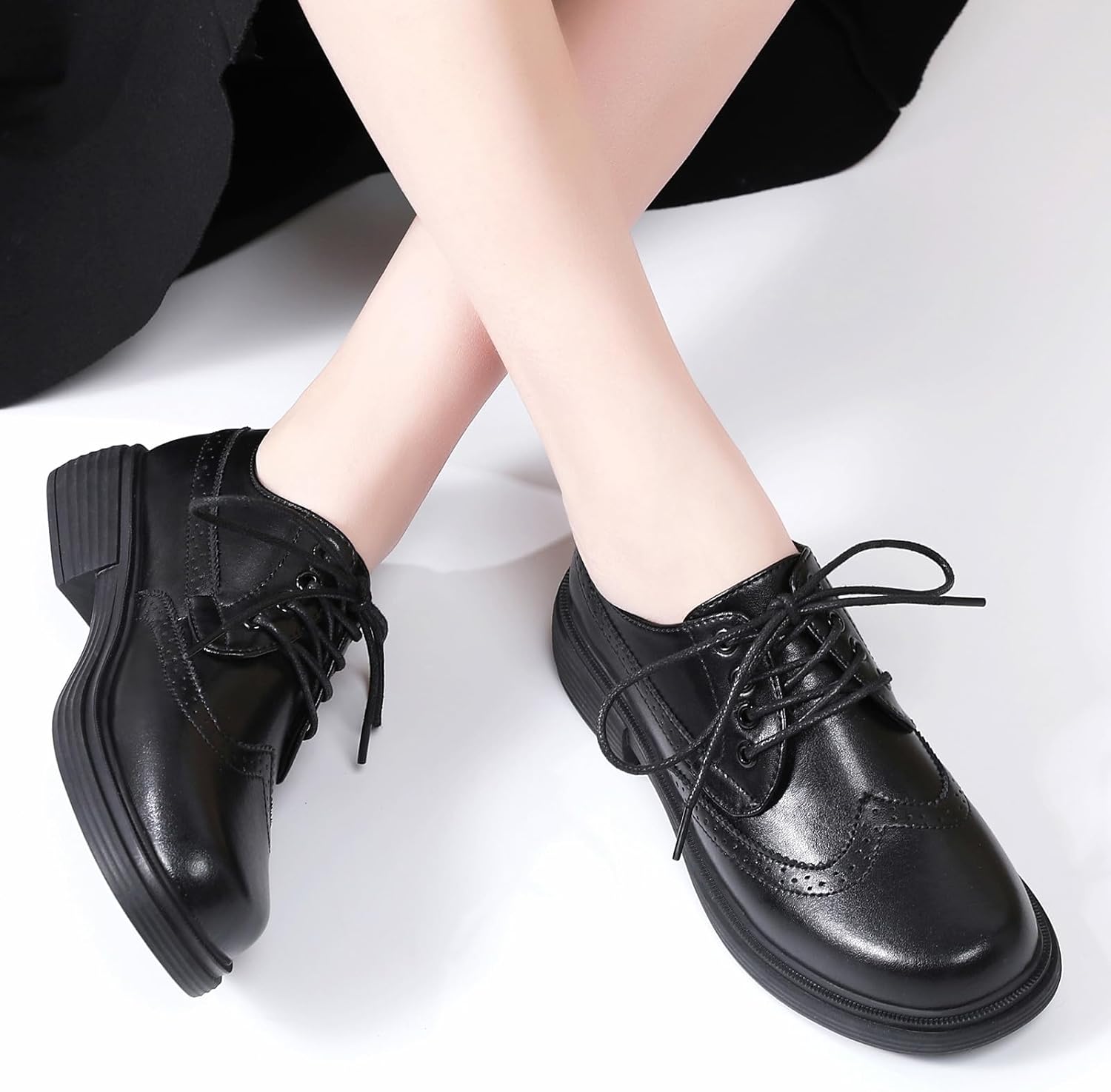 OKJ Oxford Shoes for Women, Black Womens Oxford Shoes Leather Platform Women's Oxfords Comfortable Dressy Slip On, Lace Up Vintage Shoes Casual Saddle Shoes for Women Work Business Dress