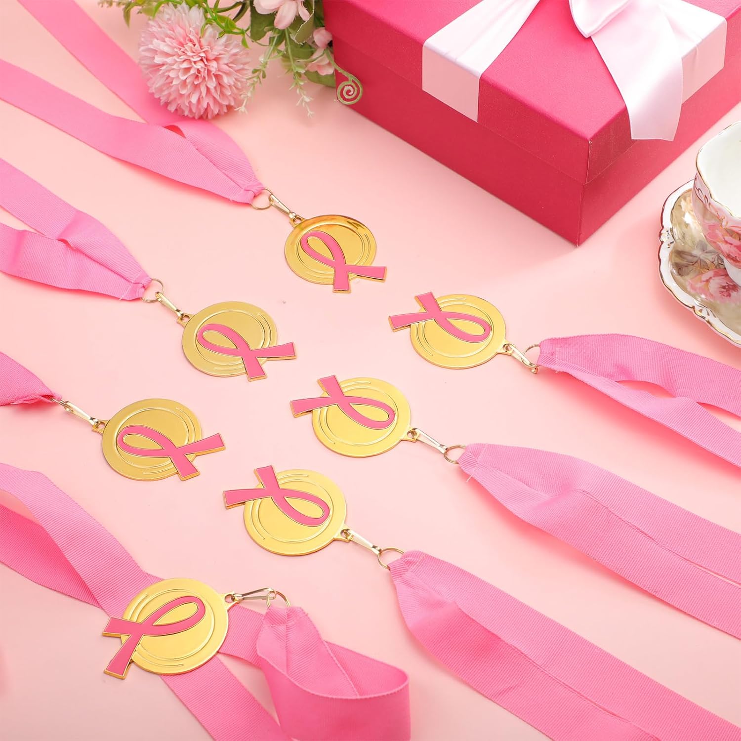 24 Pcs Breast Cancer Awareness Medal Award 2'' Pink Ribbon Running Trophy Award Necklace Breast Cancer Awareness Accessories for Women Charity Event Survivor Campaign Welfare Party Supplies