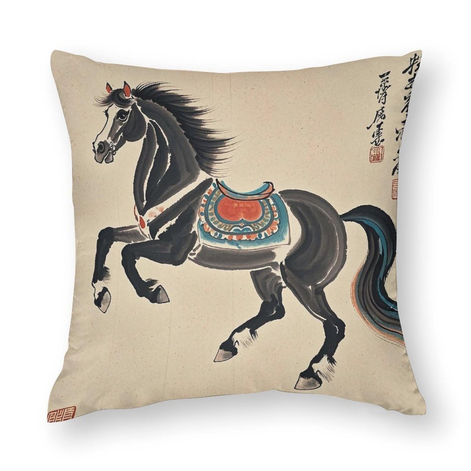 RKJVB 17"x17" Throw Pillow Covers for Sofa Chinese Traditional Painting Horse Pillow Covers Decorative Square Pillowcases Soft Cozy Cushion Cases for Couch Bed Bedroom Living Room Office