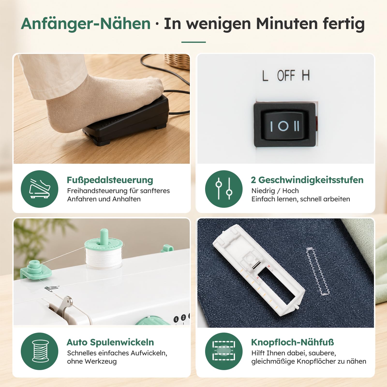 Mini Nähmaschine für Anfänger, Tragbare Elektrische Nähmaschine mit 12 Nähprogrammen, Automatisches Einfädeln, Doppelnadel, LED-Licht, Fußpedal, 58-teiliges Zubehör, Ideal für Kinder & Reparaturen