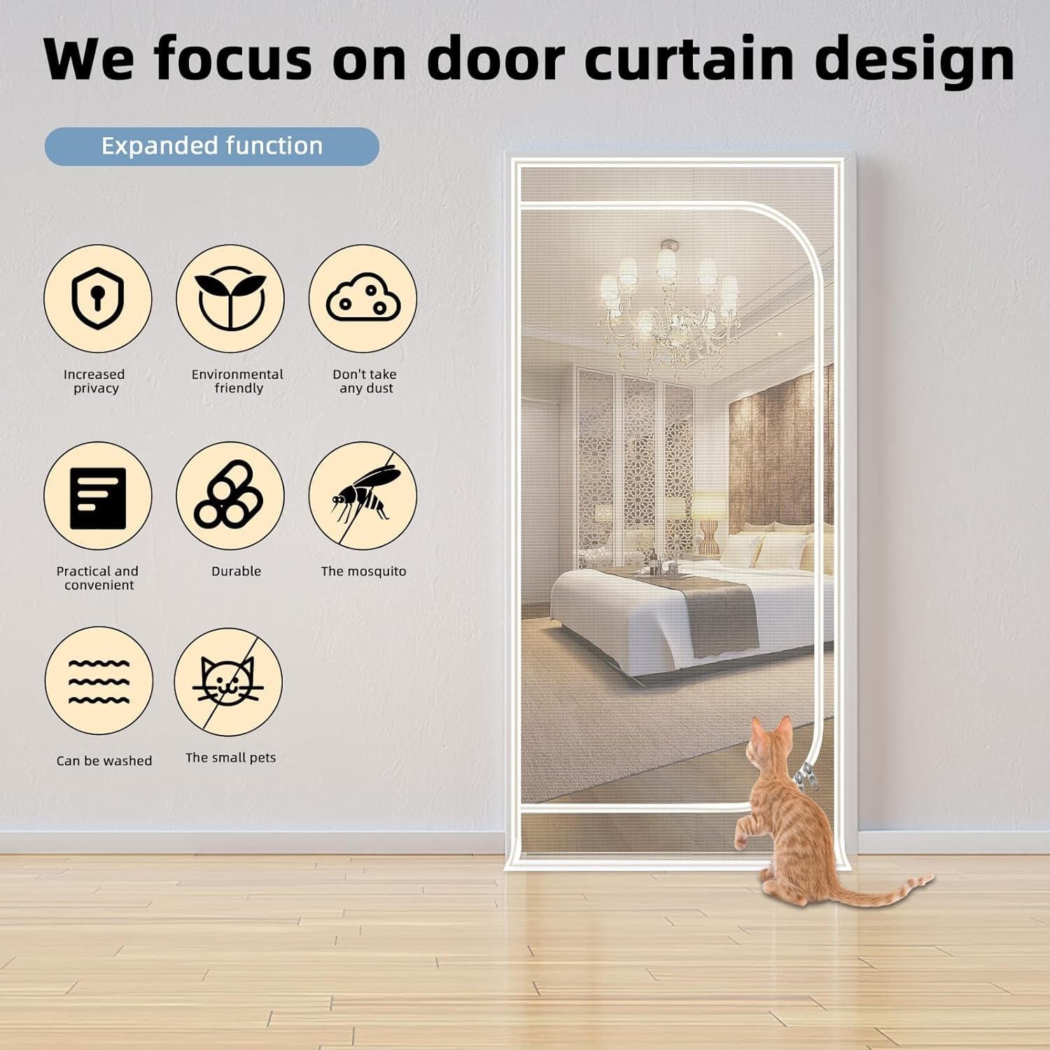 Puerta mosquitera autoadhesiva para gatos, puerta blanca para mascotas, varios tamaños (110 x 220 cm), perfecta para gatos y perros, mantiene los gatos fuera, fácil instalación