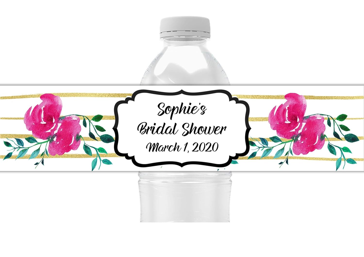 Pink Floral Personalized Water Bottle Labels, Bridal Shower