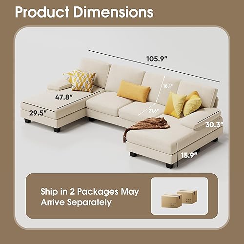 Vista 2 de Furmax Sofás Seccionales para Sala de Estar, Sofá en Forma de U con Tela de Lino, Juego de Sofá de 4 Asientos con Chaise Doble para Apartamento