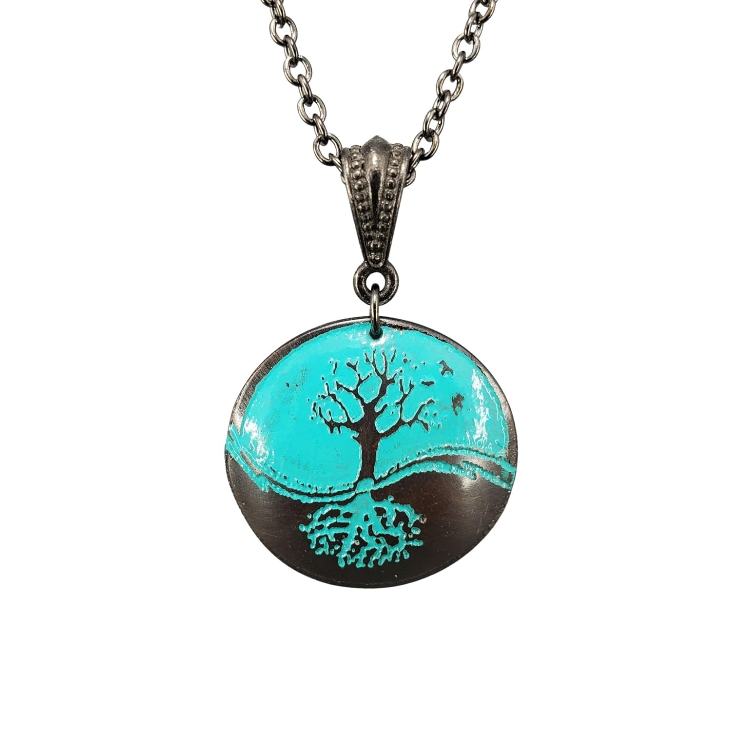 Yin Yang Tree of Life Necklace Patina Blue Yin Yang Necklace Etched Recycled Copper
