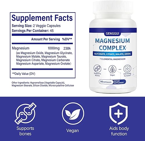 Miniatura 2 de Complejo de magnesio 1000 mg - Suplemento 7 en 1 con glicinato, citrato y malato - Apoya la relajación muscular, el sueño, la salud del corazón