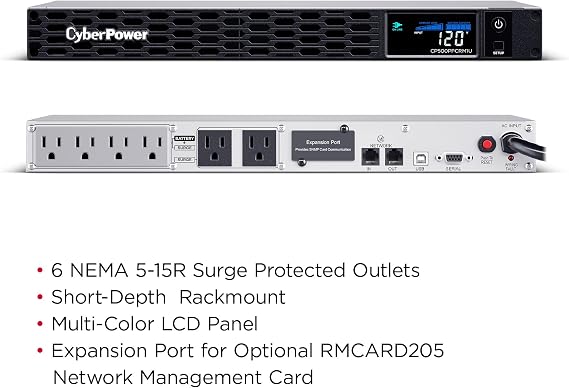 CyberPower CP500PFCRM1U PFC Sinewave UPS Battery Backup and Surge Protector, 500VA/300W, 6 Outlets, AVR, 1U Rackmount, UL Certified | 6 Outlets, 2 Surge-Only, Avr, 10-Ft Cord, Energy Star Certified