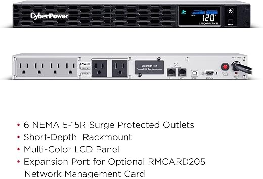CyberPower CP500PFCRM1U PFC Sinewave UPS Battery Backup and Surge Protector, 500VA/300W, 6 Outlets, AVR, 1U Rackmount, UL Certified | 6 Outlets, 2 Surge-Only, Avr, 10-Ft Cord, Energy Star Certified