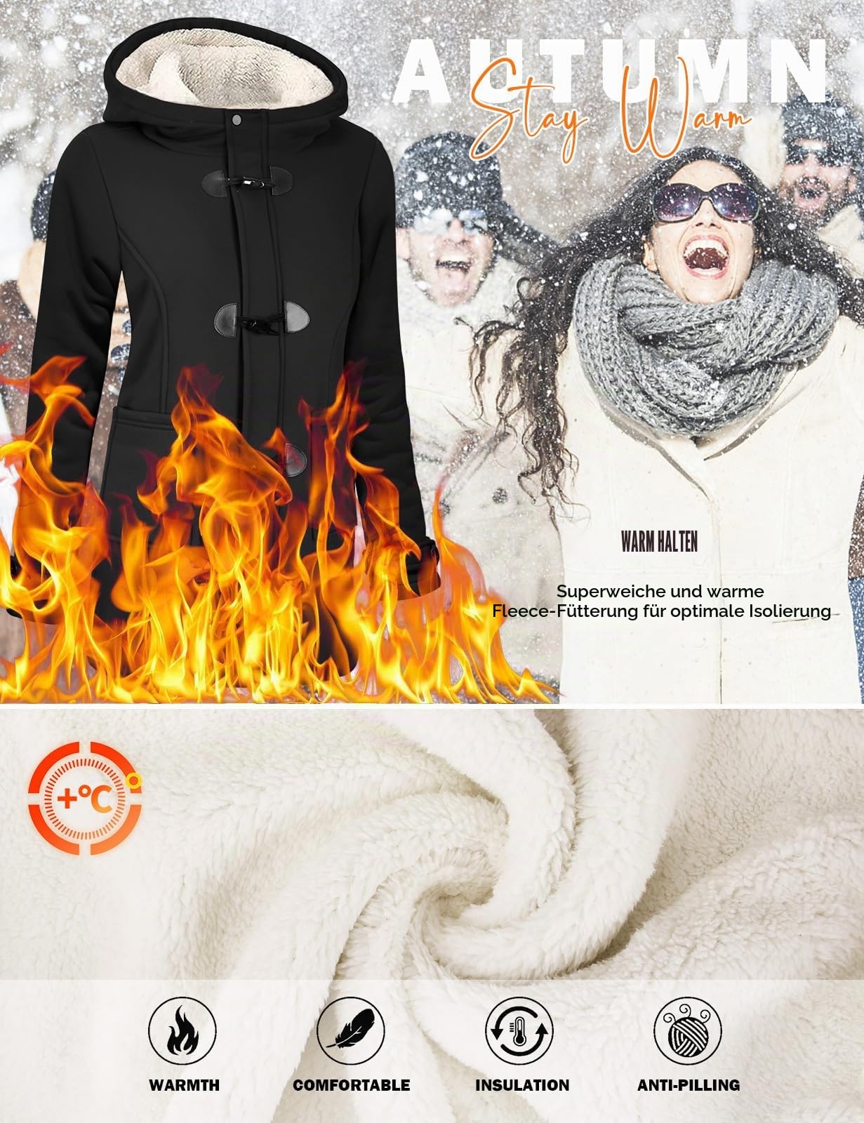 Nadeer Plüsch Jacken Für Damen Mantel Trenchcoat Kapuzenjacke Hornknöpfe Winter Parka Wollmäntel Winterjacke Fleece Hoodie Coat Pullover Kapuzen Wintermantel