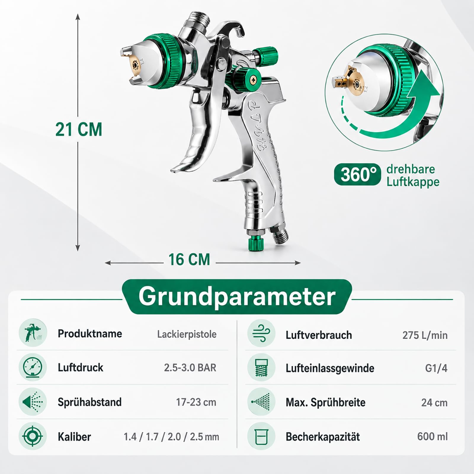 HVLP Lackierpistole Spritzpistole Kit 4 Düsen 1,4mm 1,7mm 2,0mm 2,5mm 600 ml Plastikbecher Grün