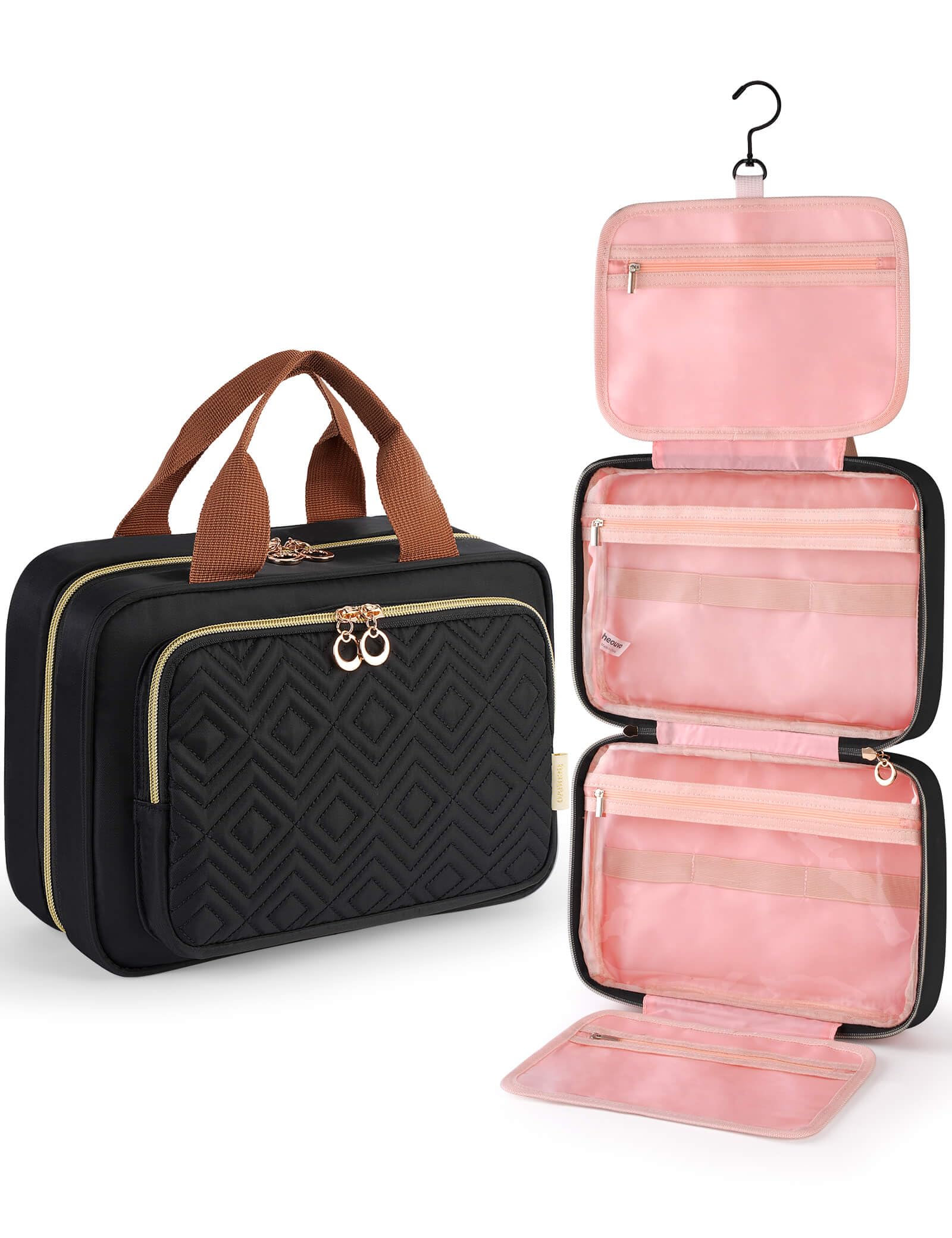 heouvoToiletry Bag Travel Bag with Hanging Hook, Water-resistant Makeup Cosmetic Bag, Travel Organizer for Accessories, Shampoo, Travel Sized Toiletries, Black, Medium, Travel/ Casual