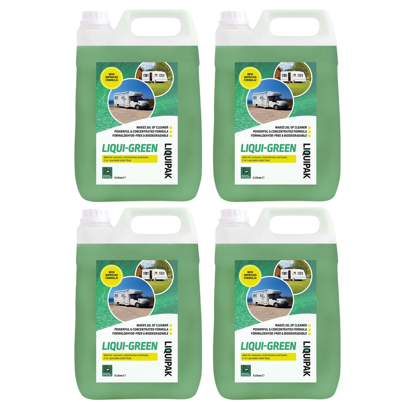 Liqui-Green 4x5L, Caravan Toilet Chemical, NEW IMPROVED FORMULA - Top & Bottom 2-in-1 Cleaner & Rinse Fluid, Concentrated, Formaldehyde-Free for Caravans, Motorhomes, Boats