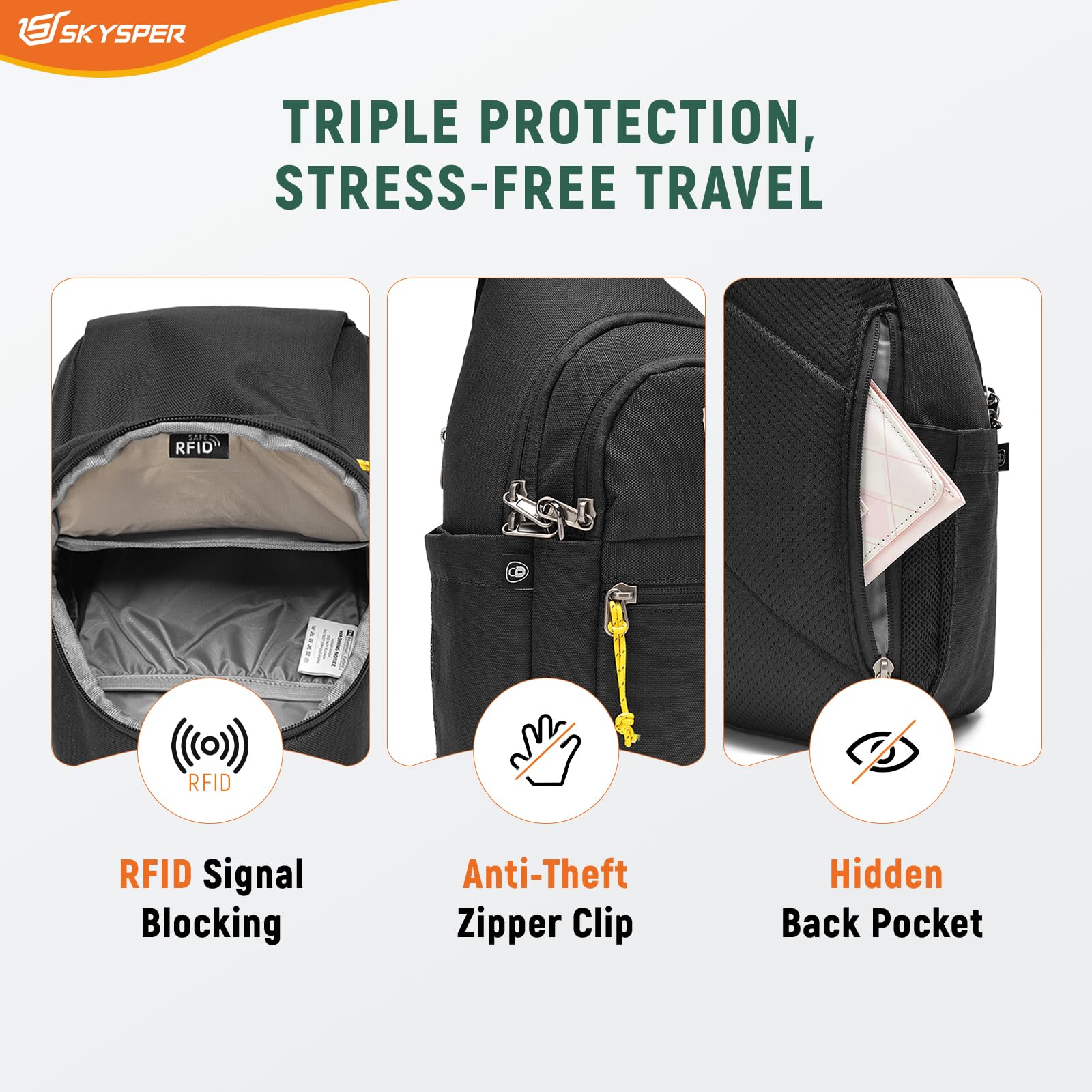 Bolso bandolera antirrobo RFID Bolsa cruzada de viaje reciclada Bolsa de hombro Mochila, Negro -, Bolso bandolera antirrobo RFID 2