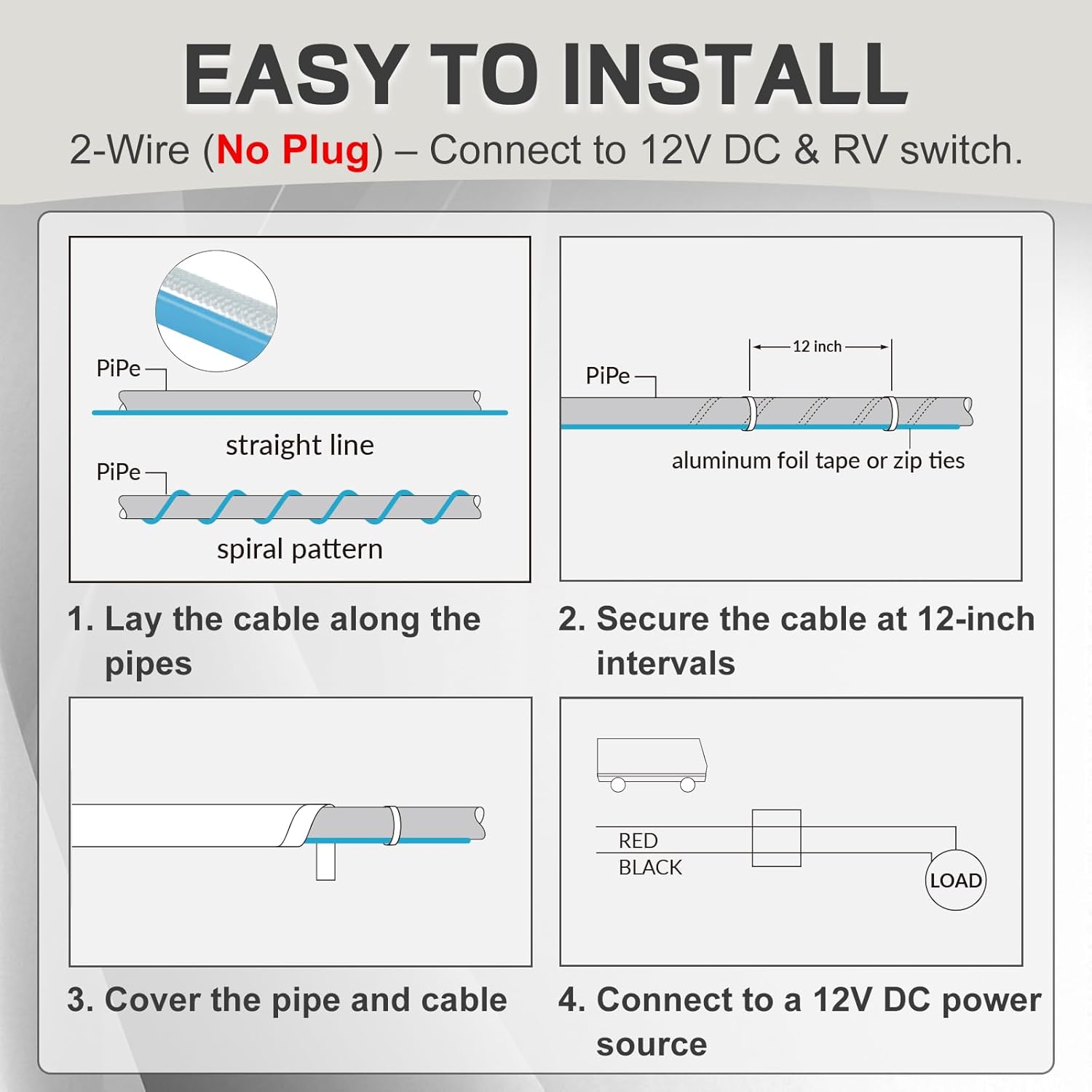 Heating Cable 12 V, Low Voltage Self-regulating Heating Cable with Extended 3 Ft Power Cord, Waterproof End Seal Kit and Aluminium Foil Tape for RV Freeze Protection 5W/ft(15 Ft)