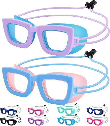 Miniatura 12 de Vvinca Gafas de natación para niños, paquete de 2 gafas de natación para niños pequeños, correa elástica, sin tirones de pelo, antivaho, gafas