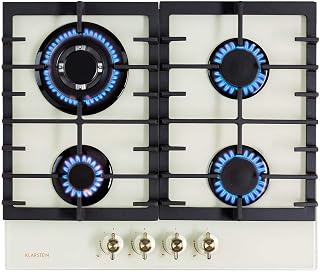 Klarstein Victoria gas hob, built-in, Sabaf burner, natural gas/propane gas, safety valves, automatic switch-off, cast iron pan supports, glass ceramic retro look, 4 flames, white