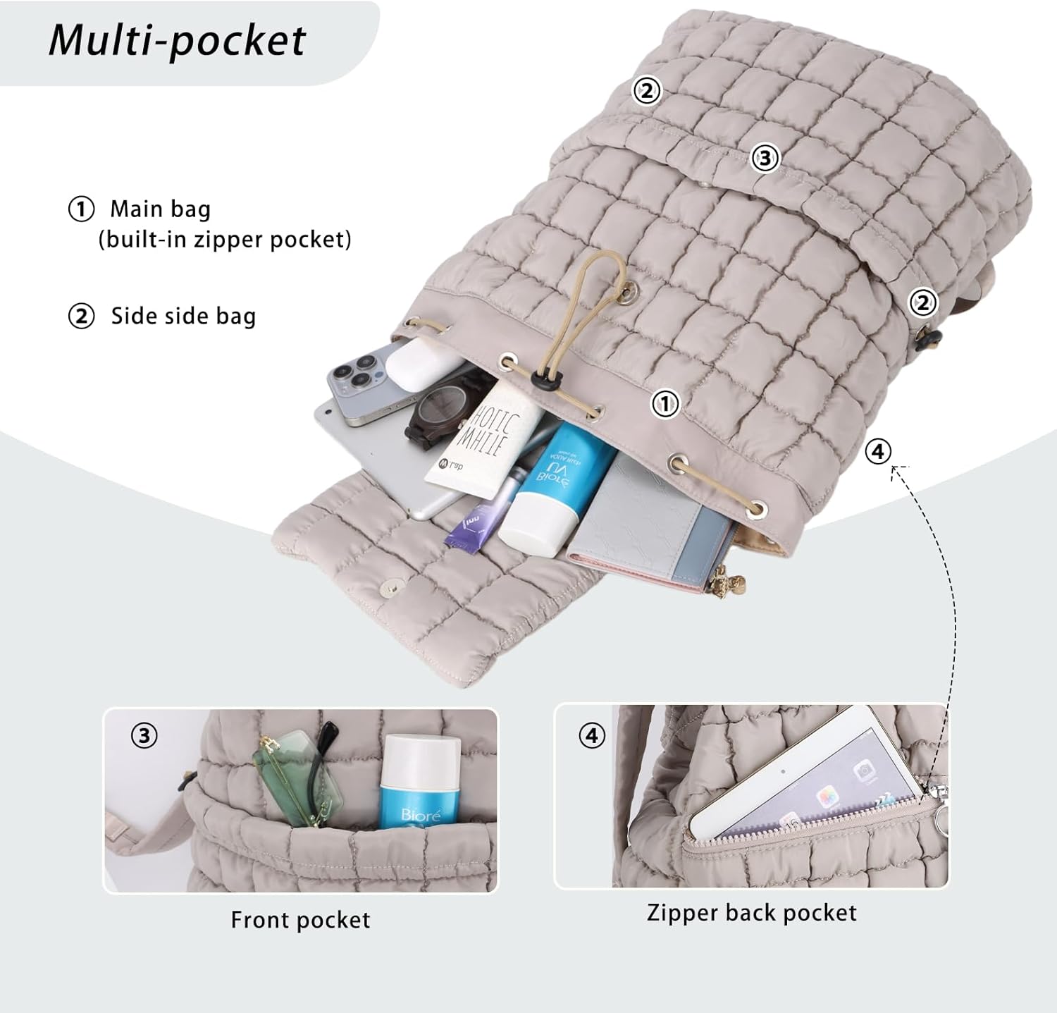 GOKTOW Quilted Backpack for Women, Puffer Gym Bag for Travel Sports Lightweight Drawstring,Khaki - Image 3